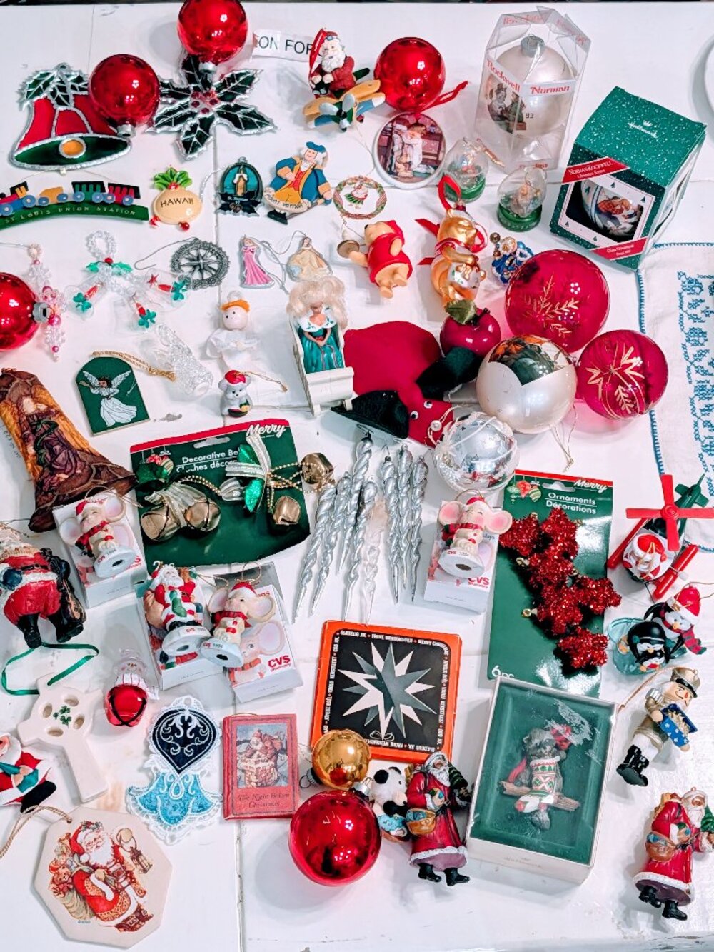 Lot of 68 VTG Christmas Ornaments 80s 90s Santa Disney Pooh Barbie Angels Retro